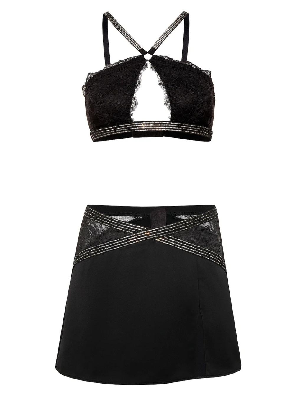 Victoria's Secret  Shine Strap Lace Halter Bralette And Mini Skirt Set